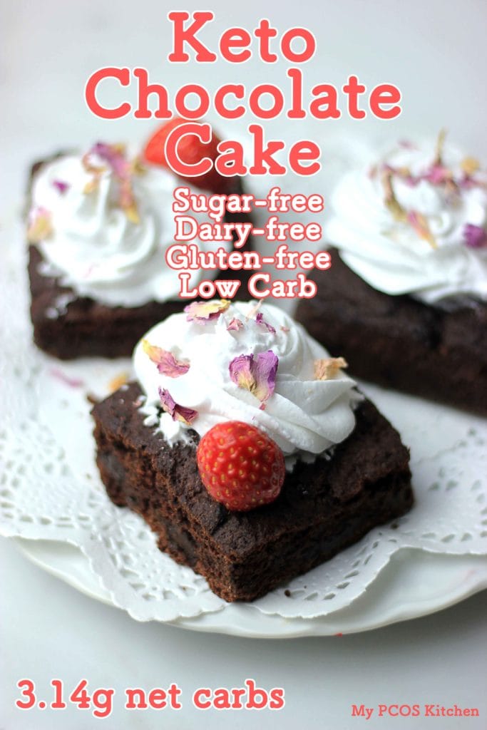 My PCOS Kitchen - Keto Chocolate Cake Bars - Gluten-free, Sugar-free, Dairy-free delicious chocolate cake with coconut whipped cream and strawberries. 