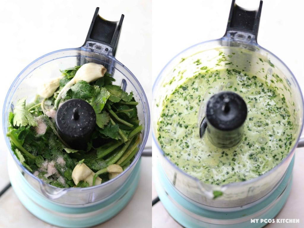 Cilantro Lime Vinaigrette - My PCOS Kitchen - Making the cilantro dressing in a small food processor.