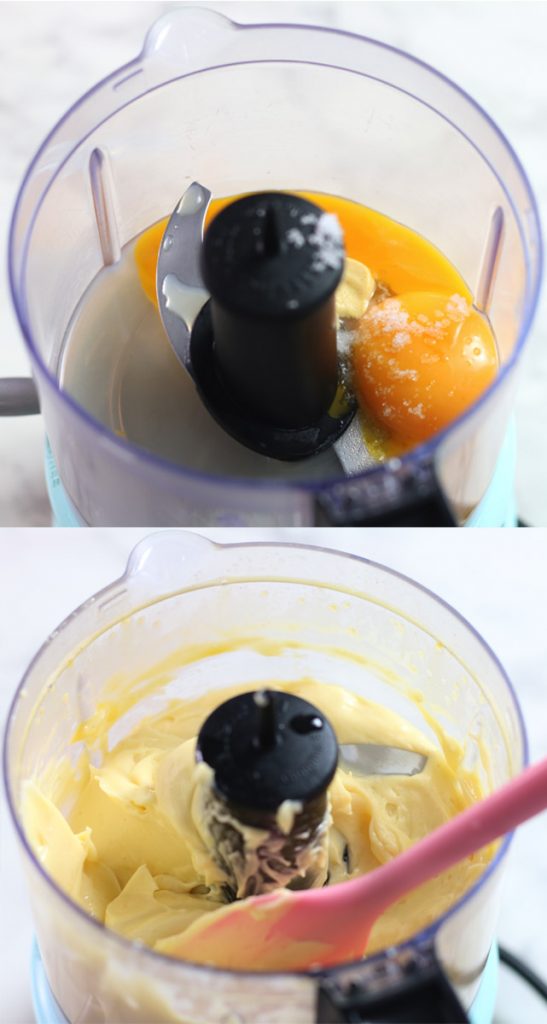 Images showing how to make keto mayonnaise in a food processor.