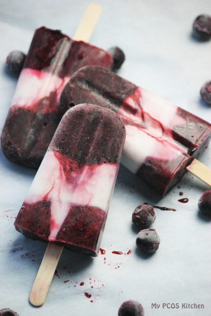 My PCOS Kitchen - Fruitylicious Popsicles Cherry-Coconut-Blueberry Paleo/Keto Low-carb/Low-calorie 37 calories and 6.84g net carbs per popsicle!