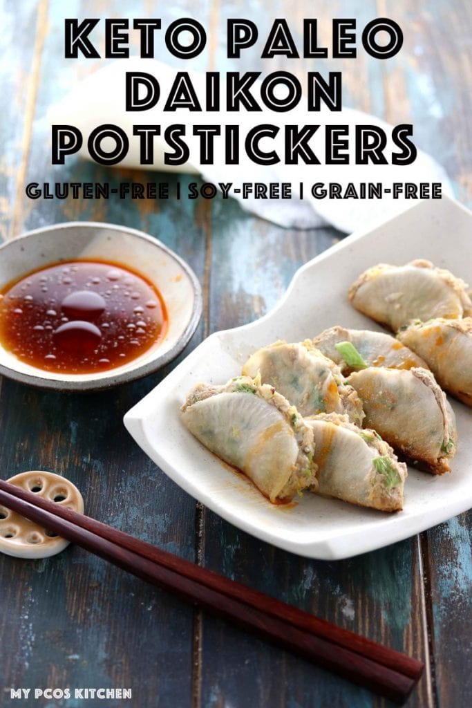 Keto Paleo Gluten Free Potstickers - My PCOS Kitchen - Delicious low carb potstickers that use thinly sliced daikon radish instead of wraps!