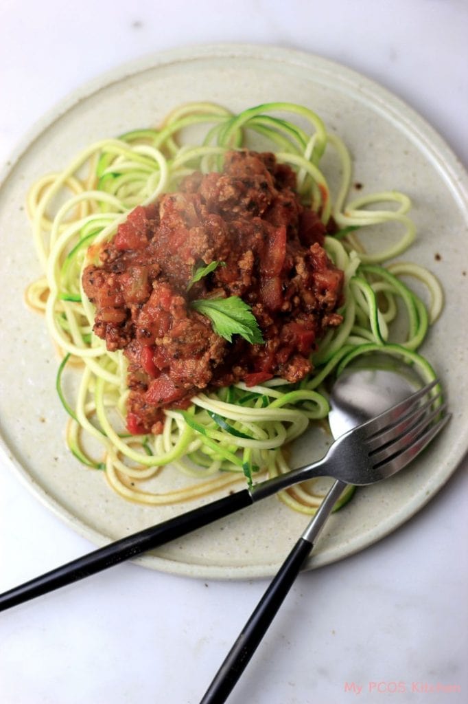 My PCOS Kitchen - Zucchini Bolognese - The perfect low carb, gluten-free, dairy-free and low calorie pasta recipe!