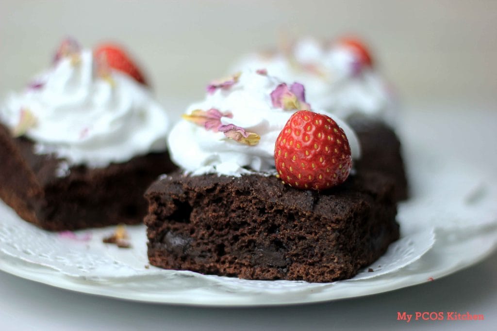 My PCOS Kitchen - Keto Chocolate Cake Bars - Gluten-free, Sugar-free, Dairy-free delicious chocolate cake with coconut whipped cream and strawberries.