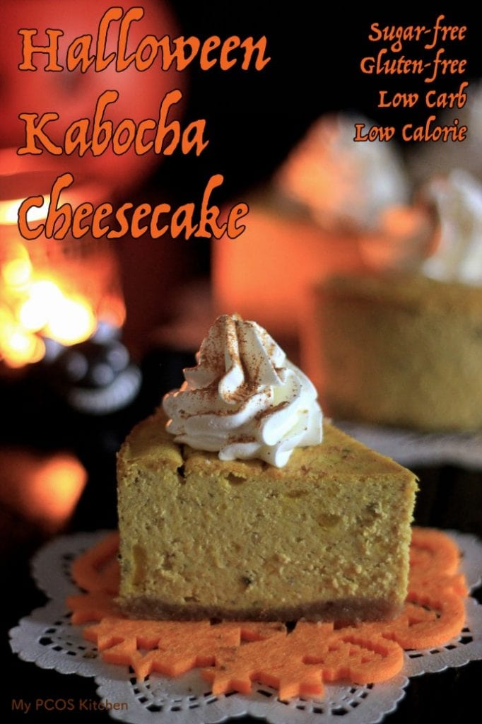 My PCOS Kitchen - Creamy Halloween Kabocha Cheesecake. This cheesecake is gluten-free and sugar-free. It is perfect for a low carb, keto, lchf