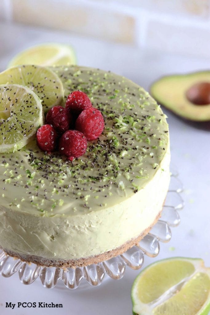 My PCOS Kitchen - Avocado Cheesecake with lime - This creamy low carb no bake cheesecake is coloured with healthy avocados and flavoured with fresh lime juice! All gluten-free and sugar-free!