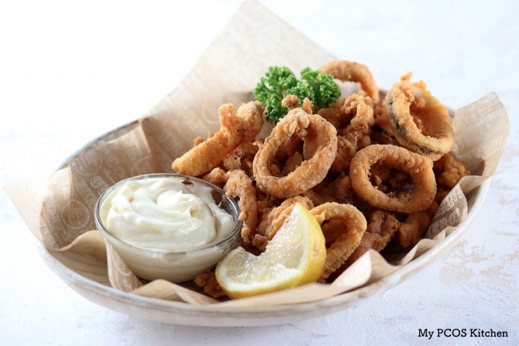 My PCOS Kitchen - Keto Fried Calamari - These delicious squid rings are gluten-free, starch-free and grain-free. They do not use parmesan, almond flour or pork rinds!
