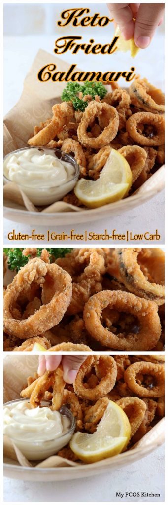 My PCOS Kitchen - Keto Fried Calamari - These delicious squid rings are gluten-free, starch-free and grain-free. They do not use parmesan, almond flour or pork rinds!