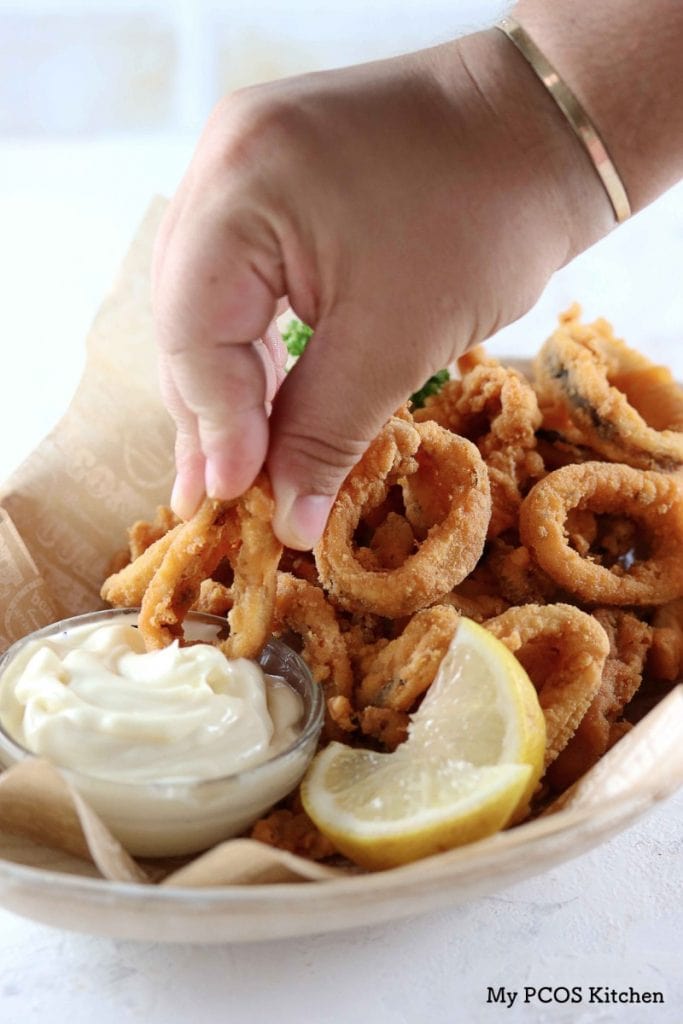 My PCOS Kitchen - Keto Fried Calamari - These delicious squid rings are gluten-free, starch-free and grain-free. They do not use parmesan, almond flour or pork rinds!