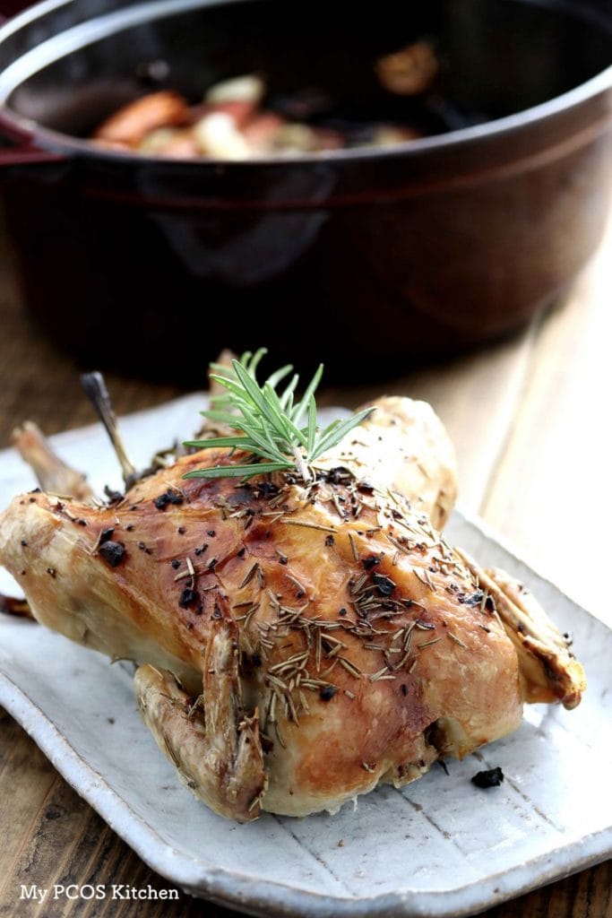 My PCOS Kitchen - Dutch Oven Roasted Chicken - This Keto Paleo Roast Chicken is low carb, gluten-free and grain-free. The perfect healthy dinner, and you can make homemade bone broth with the leftover juices!