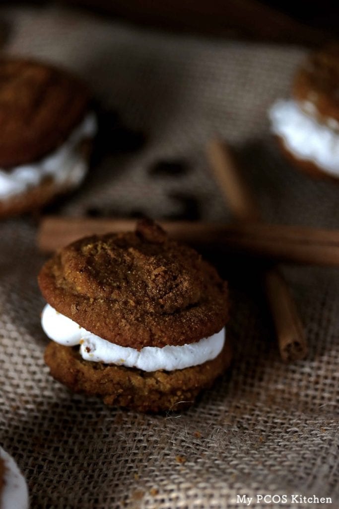 My PCOS Kitchen - Dairy-free Low Carb Pumpkin Whoopie Pies - Delicious and soft pumpkin cookies filled with a coconut cream icing! All sugar-free, dairy-free and gluten-free!