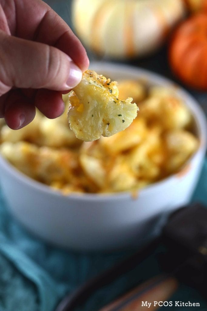 My PCOS Kitchen - Low Carb Three Cheese Cauliflower Mac & Cheese - You don't need any pasta with this delicious and creamy cauliflower! A homemade cheese sauce that is completely gluten-free and starch-free! #lowcarb #keto #lchf #cauliflower #macandcheese