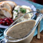 My PCOS Kitchen - Keto Turkey Giblet Gravy - Creamy gravy in a gravy sauce boat.