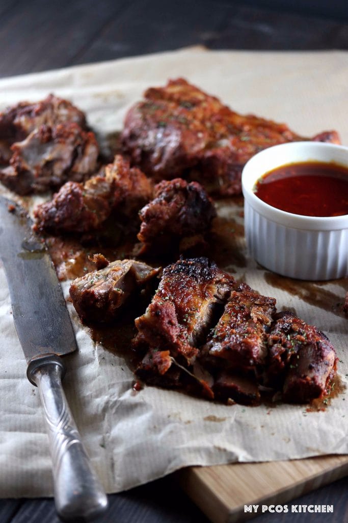 My PCOS Kitchen - Smoky BBQ Low Carb Ribs - Ribs with vintage knife and bbq sauce