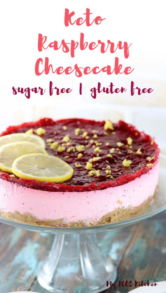 This easy and delicious no bake raspberry cheesecake is completely sugar free! Made with a pistachio crust, raspberry mousse and raspberry jelly, it's the best low carb dessert to make this year.
