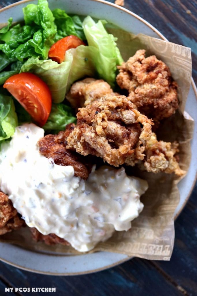 My PCOS Kitchen - Keto Paleo Fried Chicken - Gluten-free, Dairy-free, Grain-free, Pork-Free, Nut-free Fried Chicken - An overhead shot of fried chicken with tartar sauce and small salad on the side.