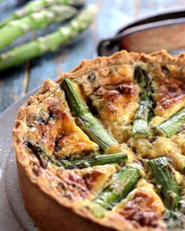 My PCOS Kitchen - Low Carb Quiche with Mascarpone & Asparagus - A delicious round and tall gluten-free quiche that is topped with fresh asparagus.