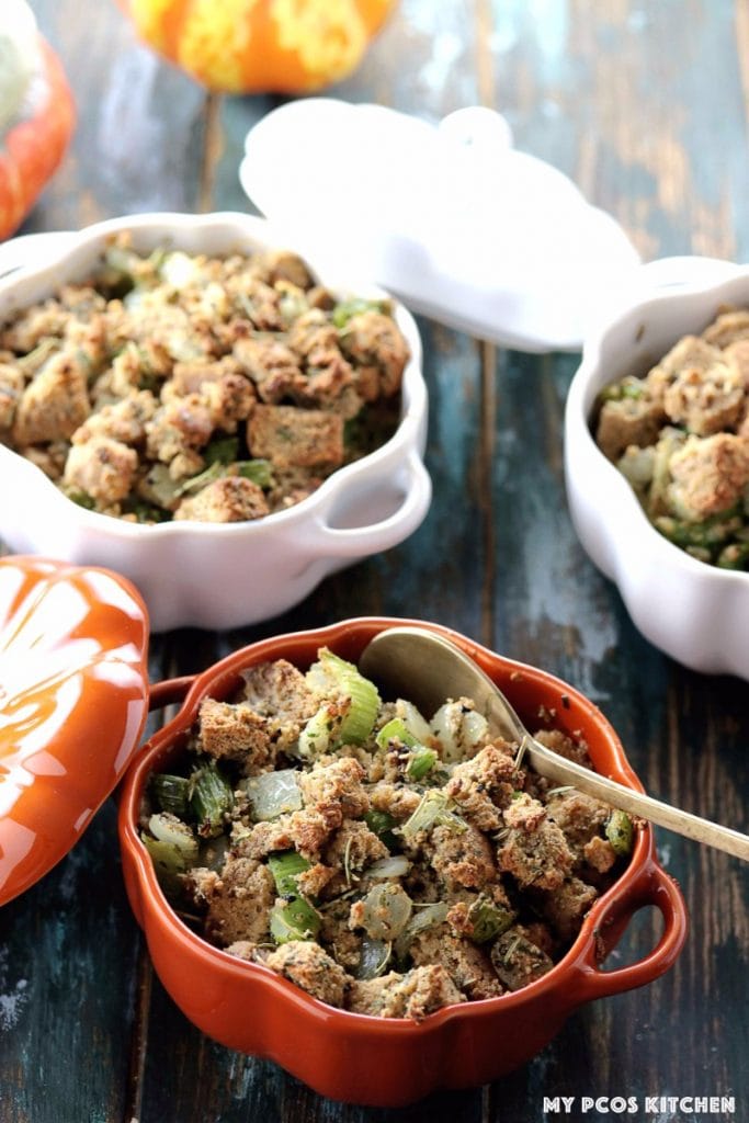 My PCOS Kitchen - Low Carb Stuffing with Sausage - Gluten-free and paleo stuffing in orange and white pumpkin ramekins from Staub. 