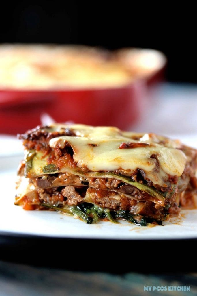 Low Carb Zucchini Lasagna - My PCOS Kitchen - A delicious sugar-free tomato meat sauce served over zucchini lasagna noodles and cheese. Low Carb Lasagna with Zucchini Noodles - My PCOS Kitchen - A delicious sugar-free tomato meat sauce served over zucchini lasagna noodles and cheese.