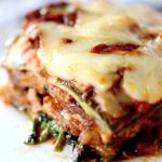 Low Carb Zucchini Lasagna - My PCOS Kitchen - A closeup shot of the zucchini noodles lasagna sheets. Meaty tomato sauce with cheese.