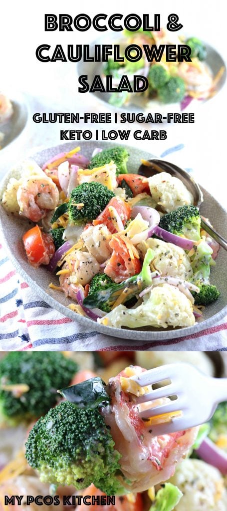 Amish Broccoli Cauliflower Salad with Shrimps - My PCOS Kitchen - A gluten-free salad that is keto and low carb approved. #lowcarb #keto #salad #glutenfree #sugarfree #cauliflower #broccoli #recipe