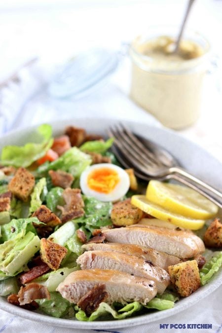Low Carb Caesar Salad with Chicken - My PCOS Kitchen - A grilled chicken caesar salad that is completely keto and gluten free.