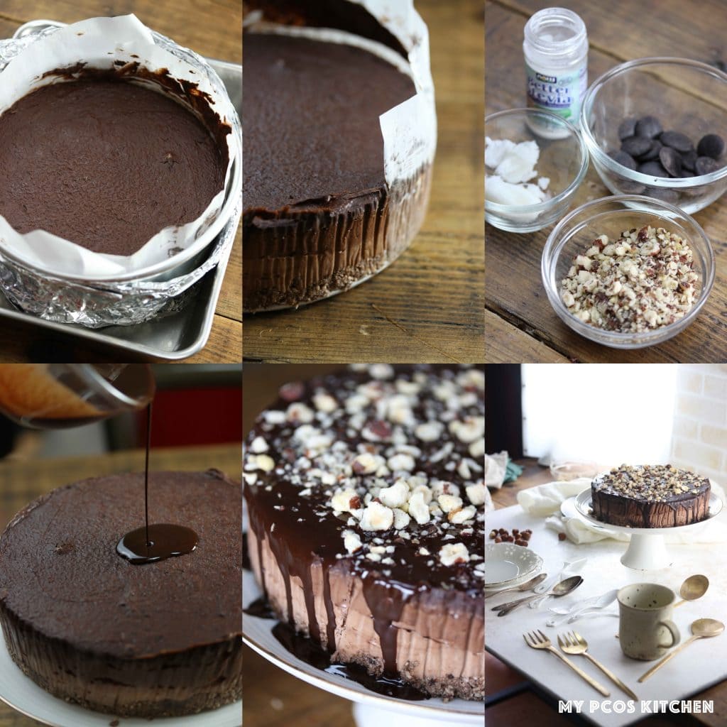 Low Carb Keto Triple Chocolate Cheesecake - My PCOS Kitchen - Processed shots for making a chocolate cheesecake with a sugar free chocolate ganache and hazelnuts.