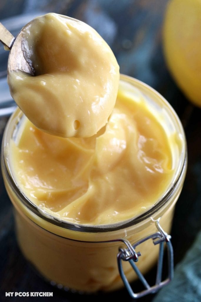 How to make a Lemon Curd - Low Carb Sugar Free Lemon Curd - My PCOS Kitchen - A brass spoonful of sugar-free lemon curd!
