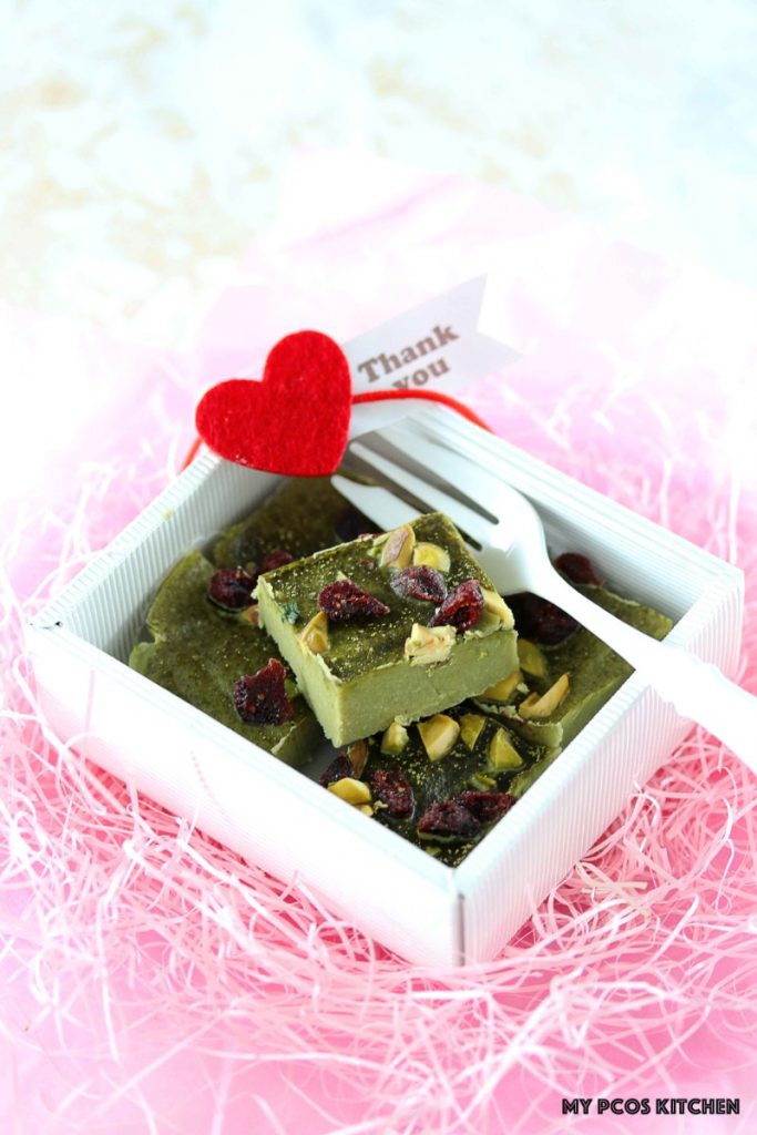Low Carb Paleo Matcha Chocolate Fudge - My PCOS Kitchen - Japanese dairy-free matcha fudge in a cute white box and a red heart for Valentine's Day.