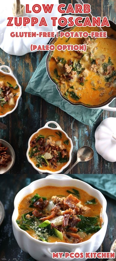 Low Carb Olive Garden Zuppa Toscana - My PCOS Kitchen - A healthier take on the famous soup from Olive Garden! This delicious soup has no potatoes, is gluten-free and can be paleo! #lowcarb #zuppatoscana #soup #lchf #glutenfree #grainfree