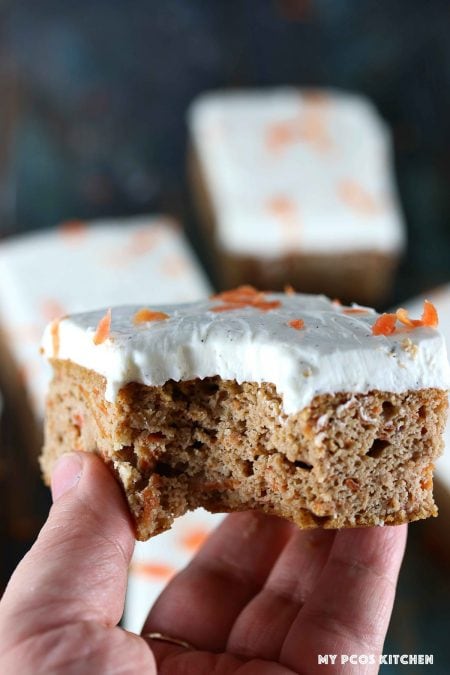 Sugar Free Carrot Cake - My PCOS Kitchen - A bite taken out of a dairy free carrot cake.