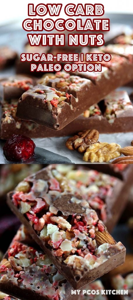 Low Carb Chocolate Bars with Nuts - My PCOS Kitchen - These creamy sugar-free milk chocolate bars are coated with a mix of nuts and freeze dried raspberries! #chocolate #keto #lowcarb #valentinesday #sugarfree #glutenfree #cocoabutter #homemade #lchf