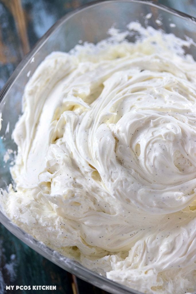 sugar free cream cheese frosting in a glass bowl