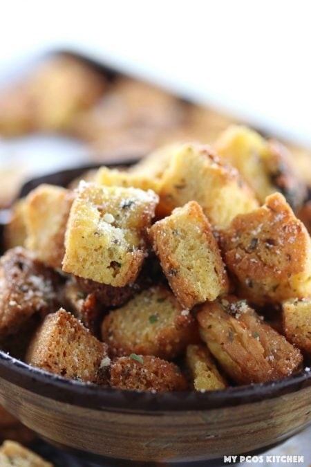 Low Carb Gluten Free Garlic Croutons - My PCOS Kitchen - Gluten free croutons made in the microwave from the english muffin recipe