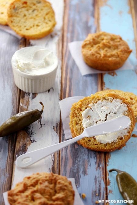 Low Carb Biscuits with Cheddar & Jalapeno - My PCOS Kitchen - Keto biscuits smothered in cream cheese and sour cream!