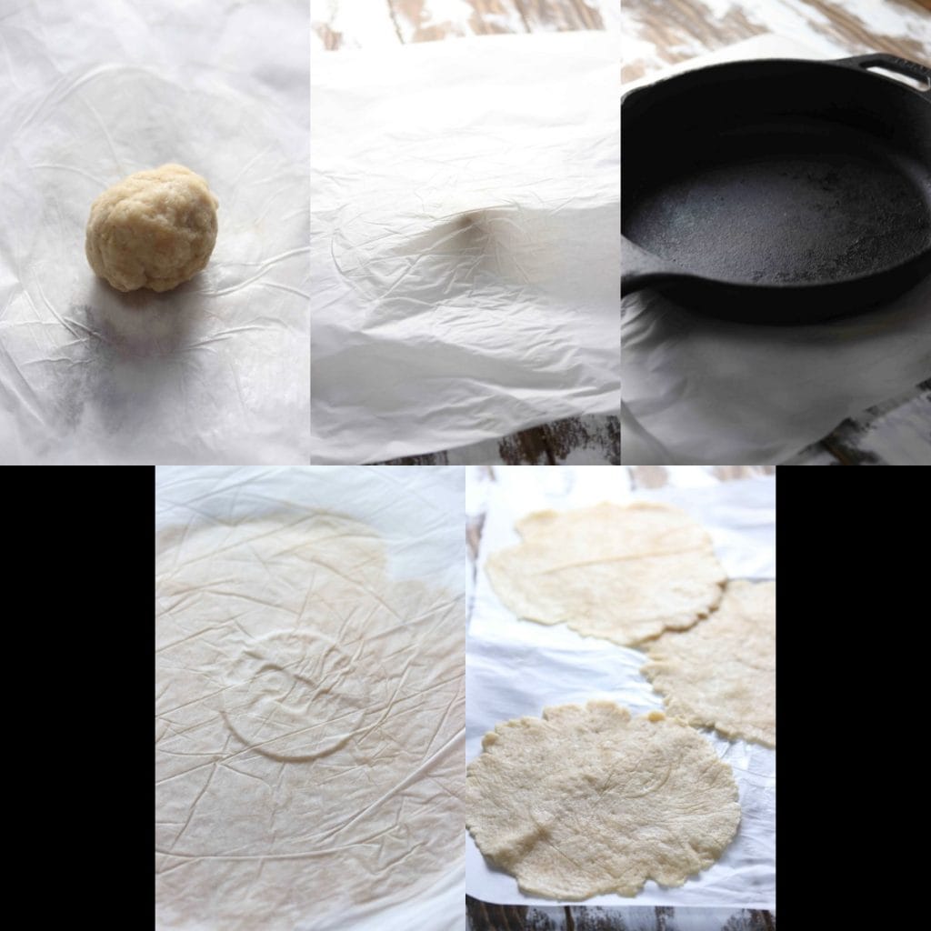 Press the low carb tortilla dough with a skillet to flatten the tortillas and make perfect circles.