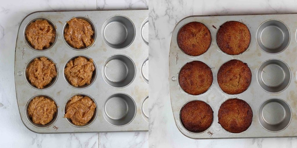 steps showing how to bake pumpkin cupcakes.
