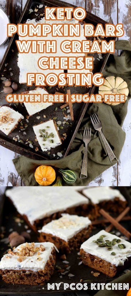 Low Carb Gluten Free Pumpkin Bars with Cream Cheese Frosting - My PCOS Kitchen - These amazing keto pumpkin bars are filled with sugar free chocolate chips, chopped nuts and seeds! All sugar free and gluten free! The perfect halloween treat! #pumpkinbars #pumpkincake #ketopumpkindessert #ketogenic #ketohalloween #lowcarbpumpkin #pumpkinrecipe #creamcheesefrosting