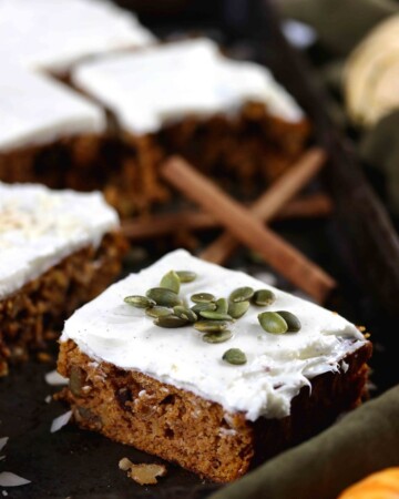 Healthy pumpkin bars filled with sugar free chocolate, chopped nuts and seeds.