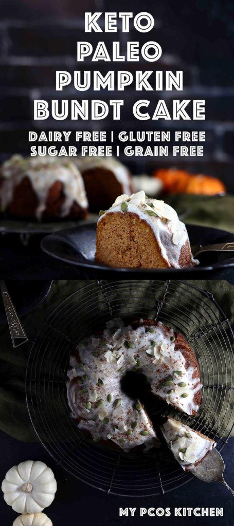 Keto Paleo Pumpkin Bundt Cake Recipe - My PCOS Kitchen - The best pumpkin cake you'll ever make and it's even gluten free, sugar free and dairy free! What else could you ask for? #pumpkincake #pumpkinbundtcake #lowcarbbaking #ketohalloween #sugarfreecake #ketocake #lowcarbcake #pumpkinrecipes