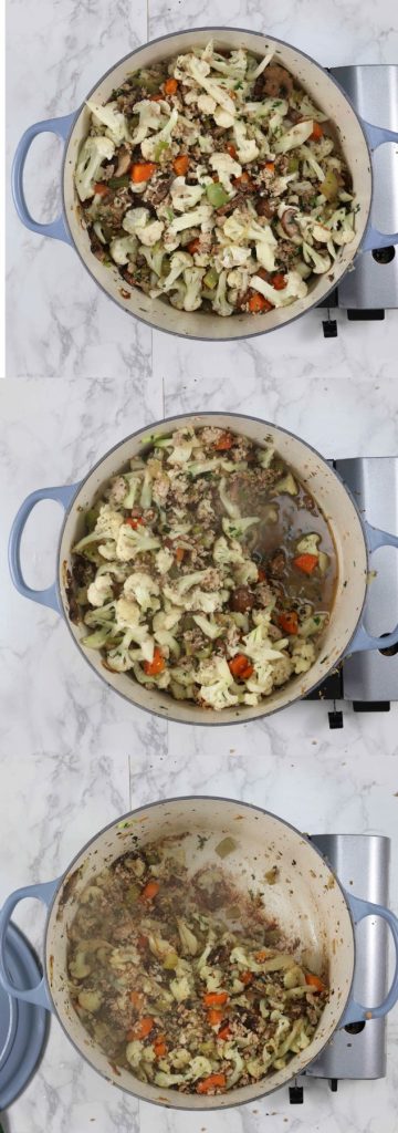 Pictures showing how to make a low carb stuffing recipe on the stove top.