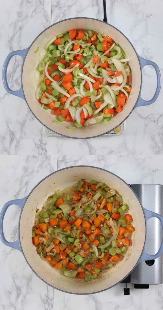 Pictures showing how to make a mirepoix.