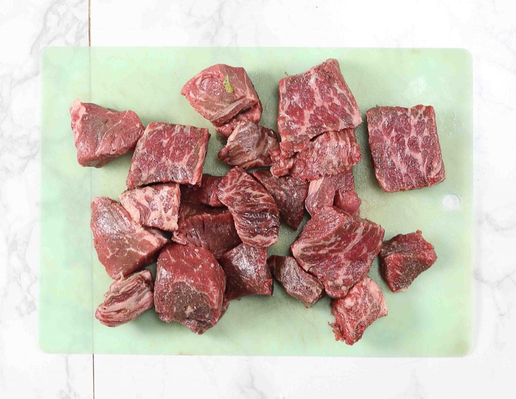 Wagyu beef with beautiful fat marble perfect for stew.