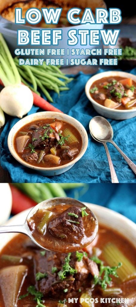 Low Carb Beef Stew in a Dutch Oven - My PCOS Kitchen - Fork tender pieces of beef in a rich and flavourful homemade broth, this low carb beef stew is the perfect healthy comfort food! #beefstew #boeufbourguignon #lowcarbstew #glutenfreebeefstew #ketobeefstew #paleobeefstew #dutchovenstew