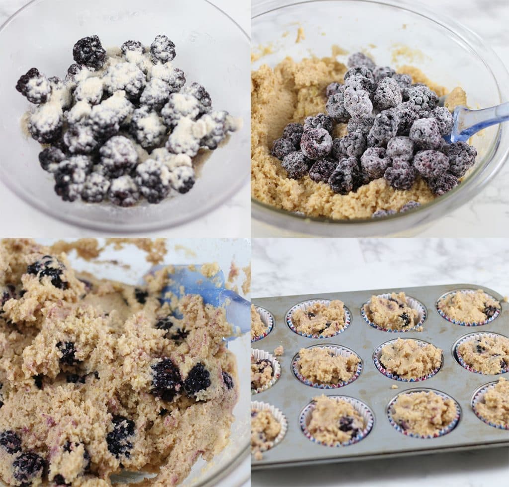 Different steps showing how to make keto muffins with blackberries.