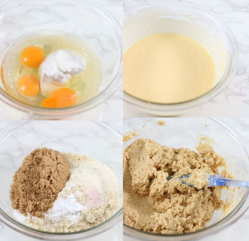 Steps showing how to make keto muffins that are dairy free.