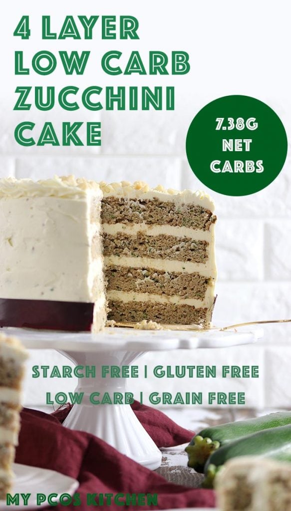 This amazing low carb zucchini cake has four delicious moist and crumbly layers covered in sugar free cream cheese frosting! #zucchinicake #creamcheesefrosting #lowcarbzucchinicake #mypcoskitchen