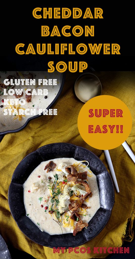 This cheddar bacon cauliflower soup is loaded with goodness! Completely gluten free and starch free, it's ready in less than an hour! #easysoup #cauliflowersoup #lowcarbsoup #ketosoup #baconcheddarsoup #mypcoskitchen