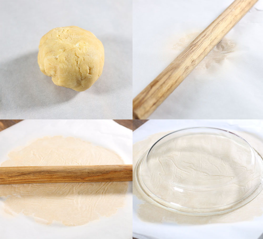 Steps showing how to roll out a low carb pie crust.