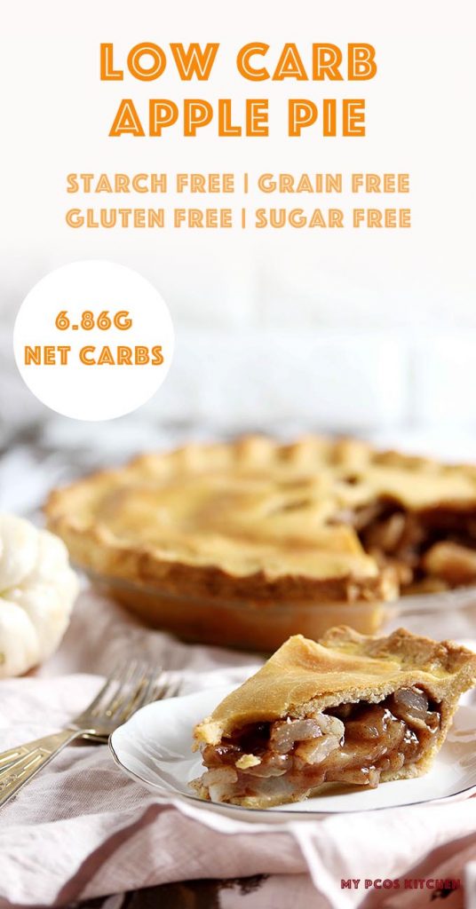 This low carb apple pie can't get any better than this! A flakey cream cheese double pie crust filled with a sugar free apple pie filling! #appledesserts #sugarfreedesserts #applepie #mypcoskitchen