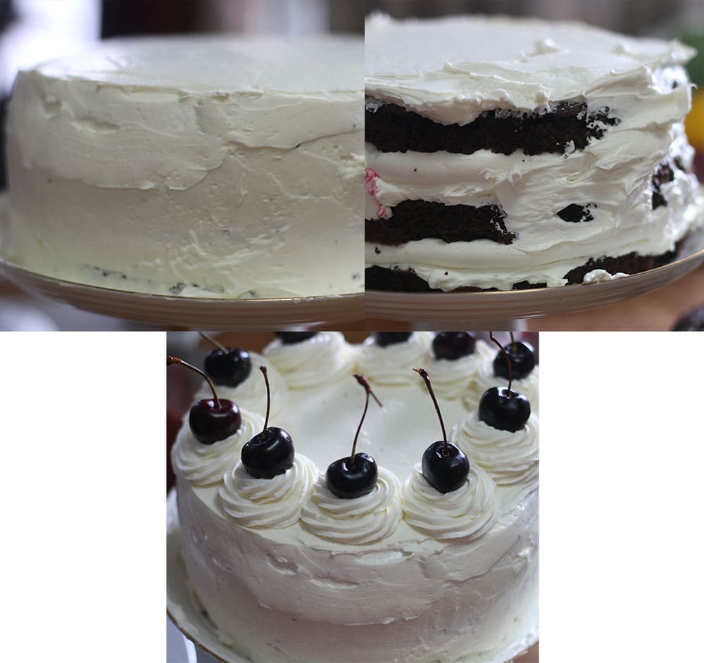 Steps showing how to make a keto black forest cake with cream cheese frosting.